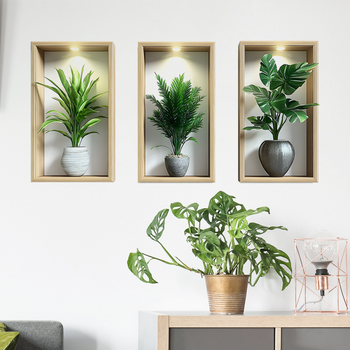 Autocolant decorativ de perete 3D cu plante în ghivece – PVC, 1 bucată, potrivit pentru living, dormitor, studio, restaurant, baie — stil modern minimalist