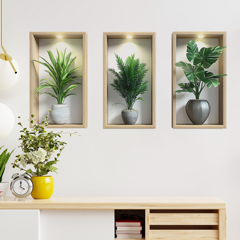 Autocolant decorativ de perete 3D cu plante în ghivece – PVC, 1 bucată, potrivit pentru living, dormitor, studio, restaurant, baie — stil modern minimalist