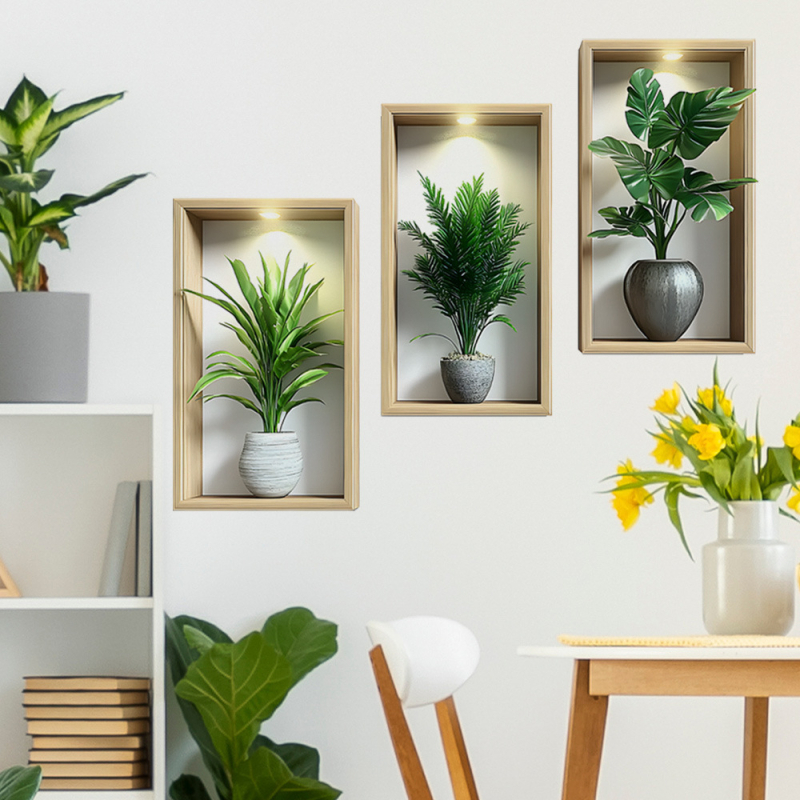Autocolant decorativ de perete 3D cu plante în ghivece – PVC, 1 bucată, potrivit pentru living, dormitor, studio, restaurant, baie — stil modern minimalist