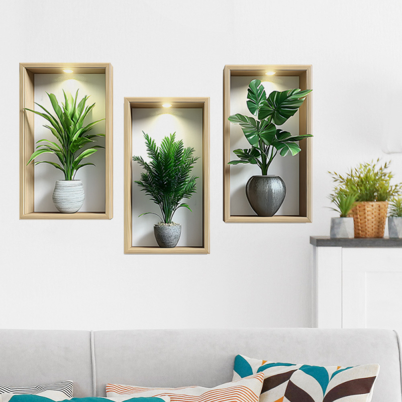 Autocolant decorativ de perete 3D cu plante în ghivece – PVC, 1 bucată, potrivit pentru living, dormitor, studio, restaurant, baie — stil modern minimalist