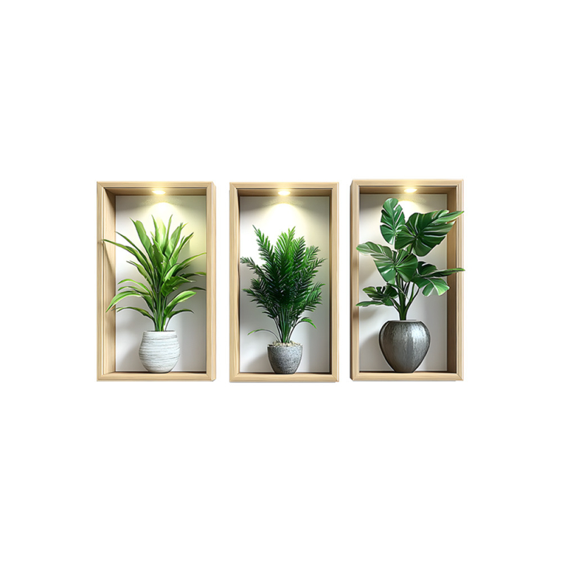 Autocolant decorativ de perete 3D cu plante în ghivece – PVC, 1 bucată, potrivit pentru living, dormitor, studio, restaurant, baie — stil modern minimalist