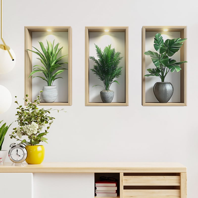 Autocolant decorativ de perete 3D cu plante în ghivece – PVC, 1 bucată, potrivit pentru living, dormitor, studio, restaurant, baie — stil modern minimalist
