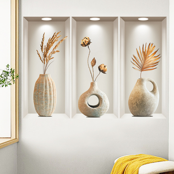 Αφαιρούμενο αυτοκόλλητο τοίχου με πλαίσιο πέτρινης βάζας, αδιάβροχο PVC διακοσμητικό τοίχου με φυτά και λουλούδια, 1 τεμάχιο, κατάλληλο για σαλόνι, υπνοδωμάτιο, μπάνιο