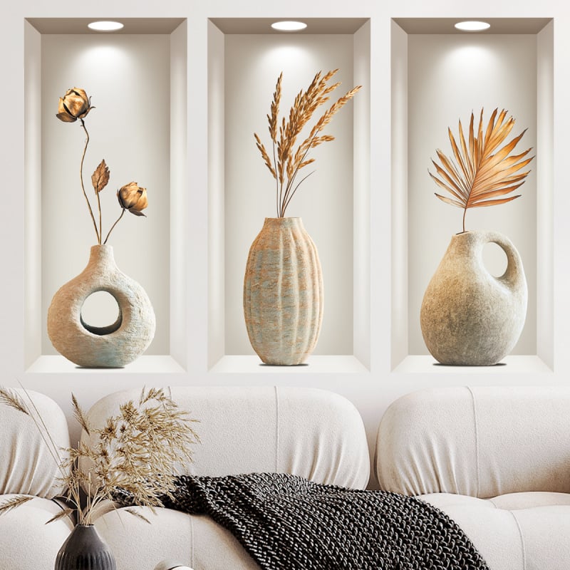 Autocolant decorativ pentru perete cu ramă de vază din piatră, detașabil, PVC impermeabil, cu plante și flori, 1 bucată, potrivit pentru living, dormitor, baie