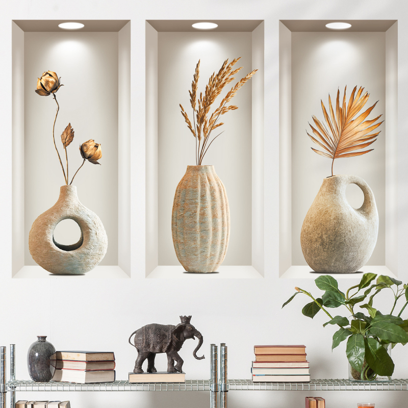 Autocolant decorativ pentru perete cu ramă de vază din piatră, detașabil, PVC impermeabil, cu plante și flori, 1 bucată, potrivit pentru living, dormitor, baie