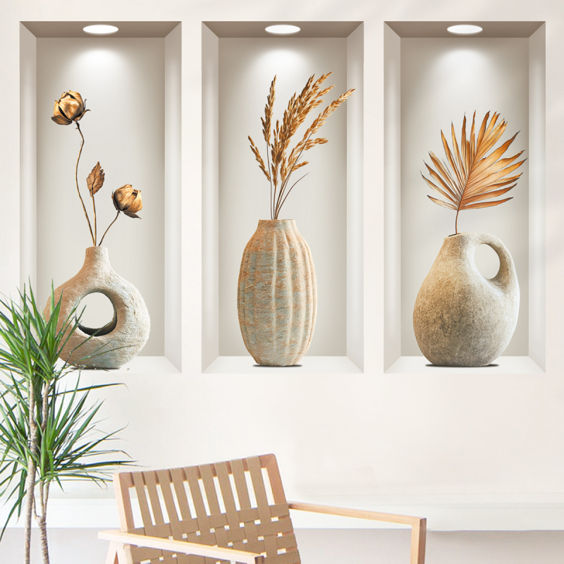 Autocolant decorativ pentru perete cu ramă de vază din piatră, detașabil, PVC impermeabil, cu plante și flori, 1 bucată, potrivit pentru living, dormitor, baie