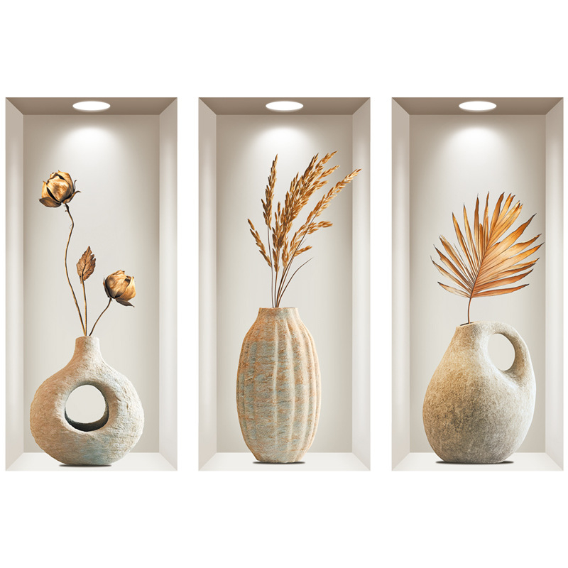 Autocolant decorativ pentru perete cu ramă de vază din piatră, detașabil, PVC impermeabil, cu plante și flori, 1 bucată, potrivit pentru living, dormitor, baie