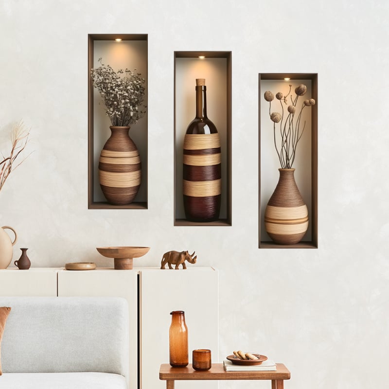 Sticker de perete decorativ cu vază de flori, triptych cadru fals, stil Nordic, PVC, 1 buc., pentru living, dormitor, birou