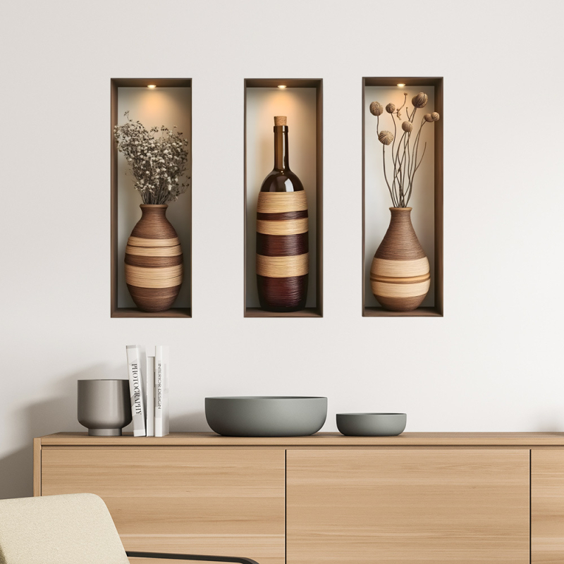 Sticker de perete decorativ cu vază de flori, triptych cadru fals, stil Nordic, PVC, 1 buc., pentru living, dormitor, birou