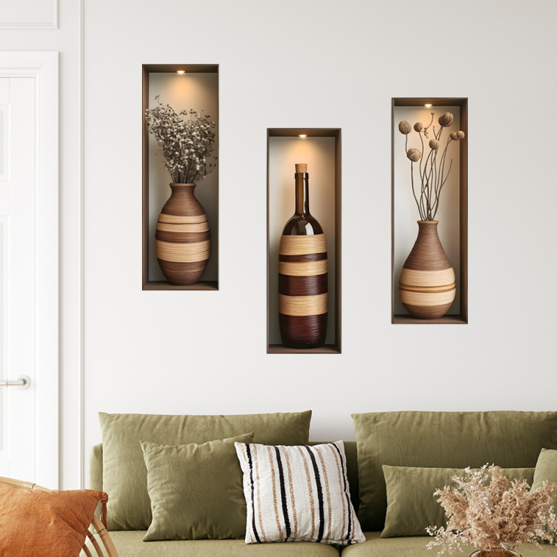 Sticker de perete decorativ cu vază de flori, triptych cadru fals, stil Nordic, PVC, 1 buc., pentru living, dormitor, birou