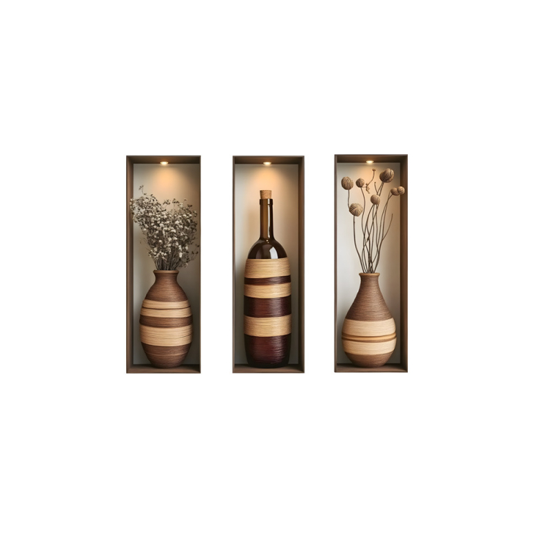 Sticker de perete decorativ cu vază de flori, triptych cadru fals, stil Nordic, PVC, 1 buc., pentru living, dormitor, birou