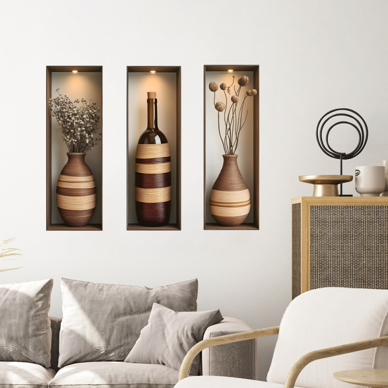 Sticker de perete decorativ cu vază de flori, triptych cadru fals, stil Nordic, PVC, 1 buc., pentru living, dormitor, birou