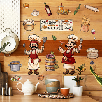 Autocolant de perete pentru bucătărie: seria Cartoon Kitchen cu ingrediente de bucătar, PVC, 1 bucată, autocolant graffiti, model plante și flori, decor modern minimalist