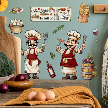 Αυτοκόλλητο τοίχου κουζίνας: σειρά Cartoon Kitchen με συστατικά σεφ, PVC, 1 τεμάχιο, γκραφίτι τοίχου, μοτίβο φυτών και λουλουδιών, μοντέρνο μινιμαλιστικό διακόσμηση