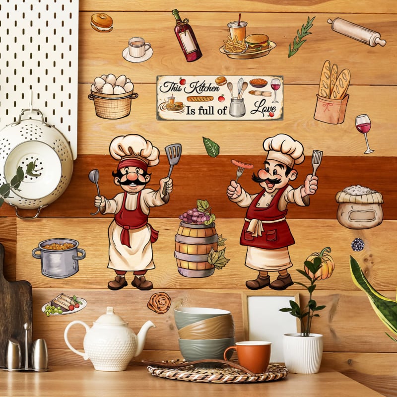 Autocolant de perete pentru bucătărie: seria Cartoon Kitchen cu ingrediente de bucătar, PVC, 1 bucată, autocolant graffiti, model plante și flori, decor modern minimalist