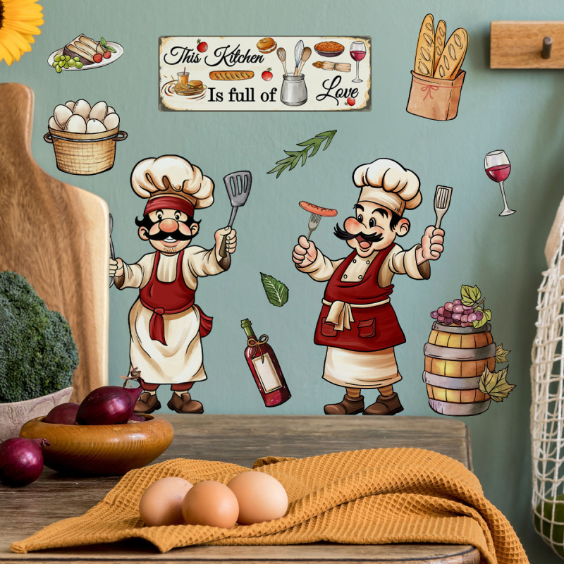 Autocolant de perete pentru bucătărie: seria Cartoon Kitchen cu ingrediente de bucătar, PVC, 1 bucată, autocolant graffiti, model plante și flori, decor modern minimalist