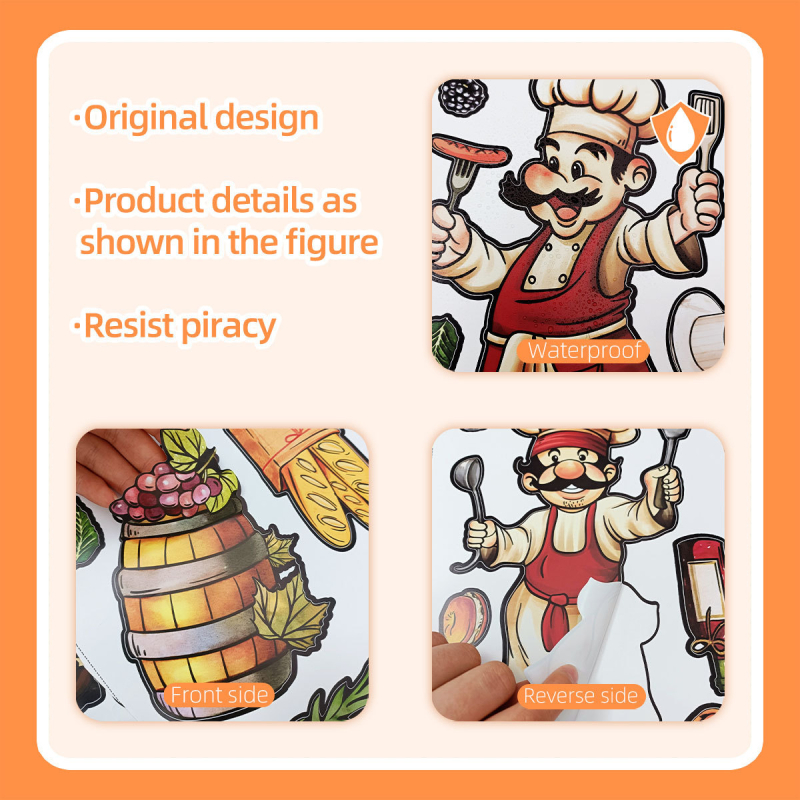 Autocolant de perete pentru bucătărie: seria Cartoon Kitchen cu ingrediente de bucătar, PVC, 1 bucată, autocolant graffiti, model plante și flori, decor modern minimalist