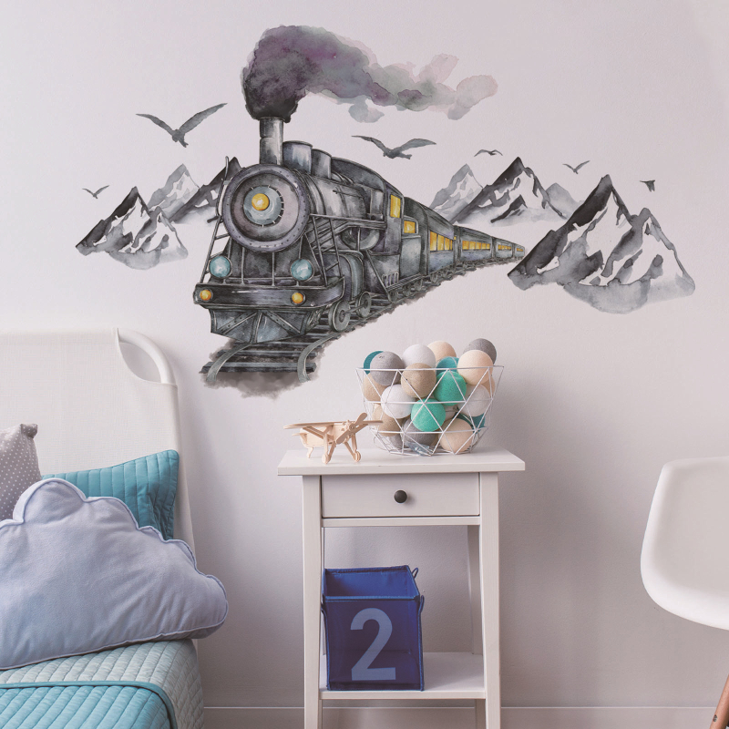 Autocolant de perete MS2345 — peisaj acvatic de munte cu tren și pescăruși, 4 buc., PVC, decor decorativ autoadhesiv pentru living, dormitor, restaurant, baie și alte spații