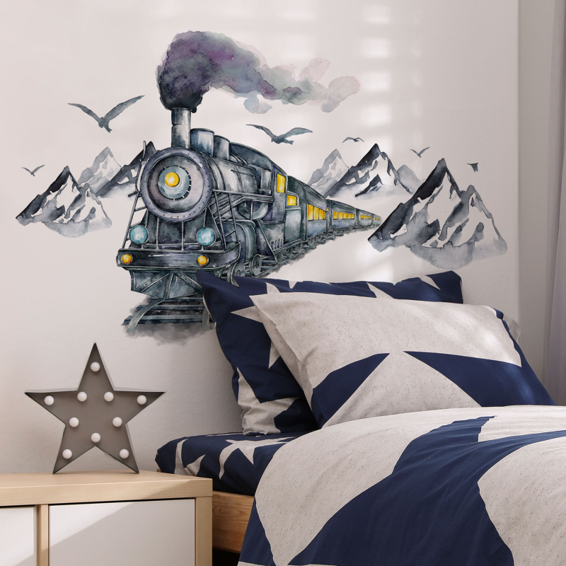 Autocolant de perete MS2345 — peisaj acvatic de munte cu tren și pescăruși, 4 buc., PVC, decor decorativ autoadhesiv pentru living, dormitor, restaurant, baie și alte spații