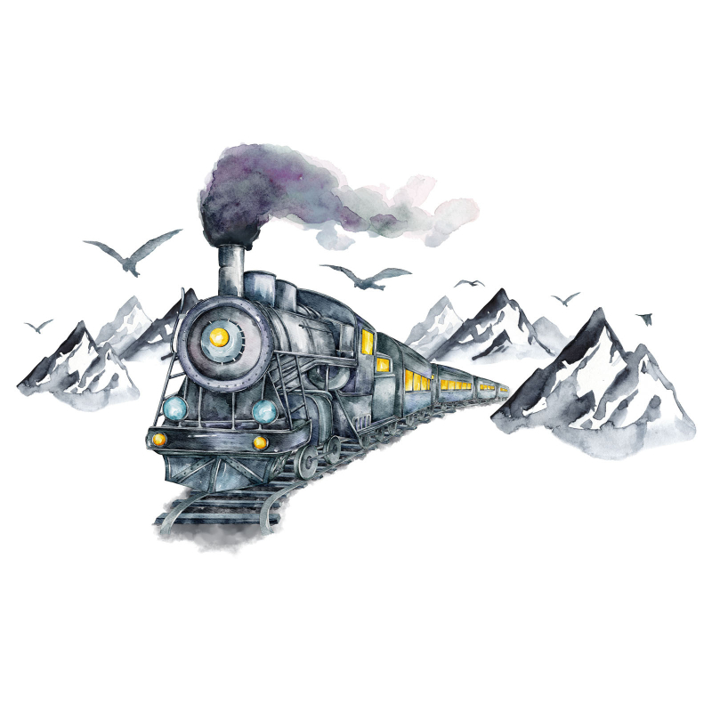 Autocolant de perete MS2345 — peisaj acvatic de munte cu tren și pescăruși, 4 buc., PVC, decor decorativ autoadhesiv pentru living, dormitor, restaurant, baie și alte spații