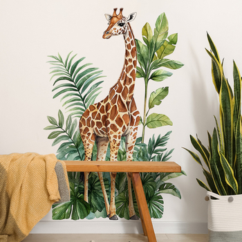 Διακοσμητικό αυτοκόλλητο τοίχου με καμηλοπάρδαλη και φύλλα φυτών για σαλόνι και κρεβατοκάμαρα; υλικό PVC; διακοσμητικό αυτοκόλλητο τοίχου; μοντέρνο μινιμαλιστικό επίπεδο σχέδιο; κατάλληλο για σαλόνι, κρεβατοκάμαρα και εμπορικούς χώρους