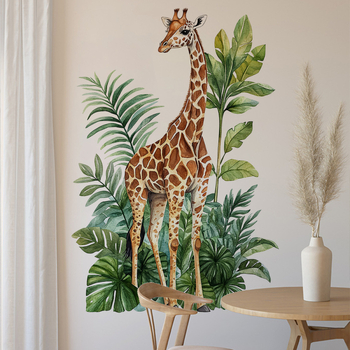 Διακοσμητικό αυτοκόλλητο τοίχου με καμηλοπάρδαλη και φύλλα φυτών για σαλόνι και κρεβατοκάμαρα; υλικό PVC; διακοσμητικό αυτοκόλλητο τοίχου; μοντέρνο μινιμαλιστικό επίπεδο σχέδιο; κατάλληλο για σαλόνι, κρεβατοκάμαρα και εμπορικούς χώρους