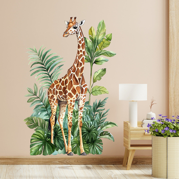 Διακοσμητικό αυτοκόλλητο τοίχου με καμηλοπάρδαλη και φύλλα φυτών για σαλόνι και κρεβατοκάμαρα; υλικό PVC; διακοσμητικό αυτοκόλλητο τοίχου; μοντέρνο μινιμαλιστικό επίπεδο σχέδιο; κατάλληλο για σαλόνι, κρεβατοκάμαρα και εμπορικούς χώρους