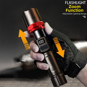 Πολυλειτουργικός φακός LED με οπτικό ζουμ, χειροκίνητη ενεργοποίηση με πίεση χεριού, 10W, εμβέλεια 100–200 m