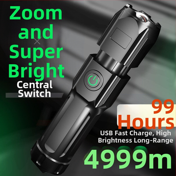 Τηλεσκοπικό φορητό συμπαγές φακό με ζουμ και πλευρικά φώτα, διπλός φωτισμός, LED 5W, μπαταρία 500 mAh, φόρτιση, εμβέλεια 100–200 m, χειροκίνητη τροφοδοσία