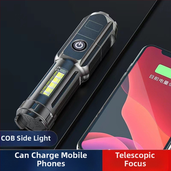 Τηλεσκοπικό φορητό συμπαγές φακό με ζουμ και πλευρικά φώτα, διπλός φωτισμός, LED 5W, μπαταρία 500 mAh, φόρτιση, εμβέλεια 100–200 m, χειροκίνητη τροφοδοσία