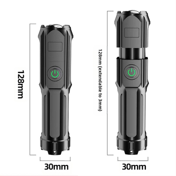 Τηλεσκοπικό φορητό συμπαγές φακό με ζουμ και πλευρικά φώτα, διπλός φωτισμός, LED 5W, μπαταρία 500 mAh, φόρτιση, εμβέλεια 100–200 m, χειροκίνητη τροφοδοσία