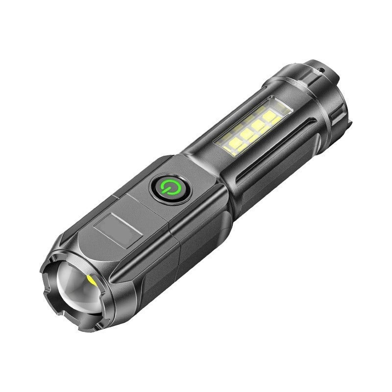 Lanternă LED telescopic portabilă, compactă, cu zoom și lumini laterale, sursă duală, 5W LED, baterie 500 mAh, încărcare, rază 100–200 m, acționare manuală