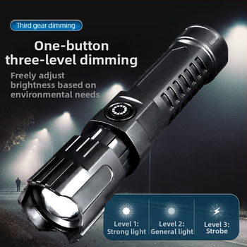 Rankinis prožektorius su teleskopiniu priartinimu, 100 lm, diapazonas iki 100 m, įkraunamas, 18650 akumuliatorius, modelis JY-81020, tinkamas stovyklavimui ir žygiams