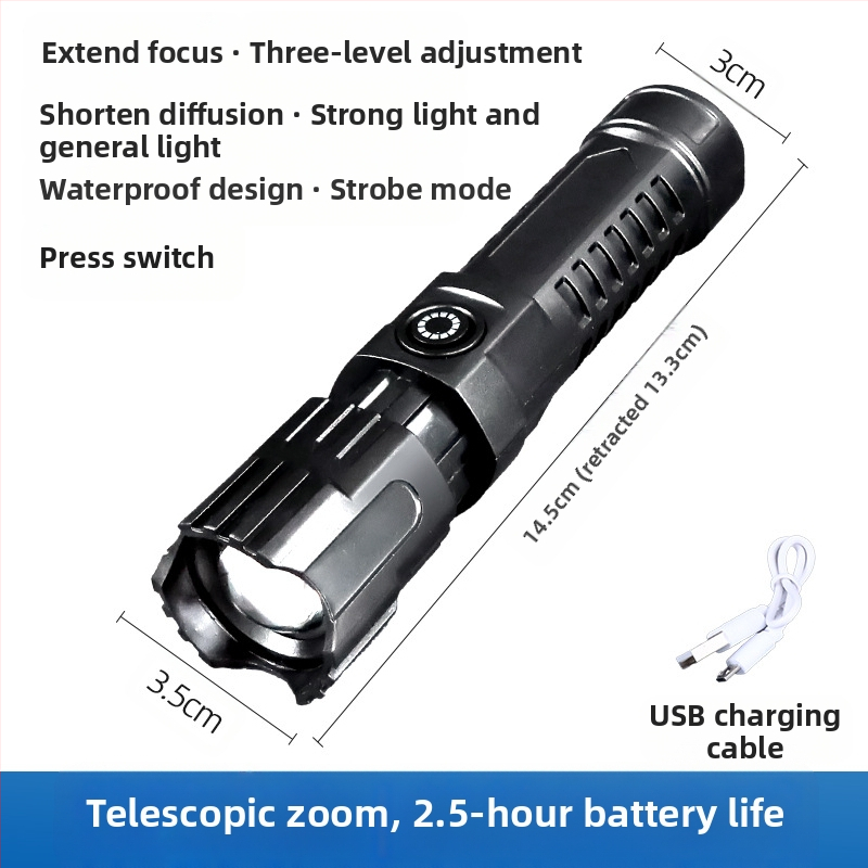 Rankinis prožektorius su teleskopiniu priartinimu, 100 lm, diapazonas iki 100 m, įkraunamas, 18650 akumuliatorius, modelis JY-81020, tinkamas stovyklavimui ir žygiams