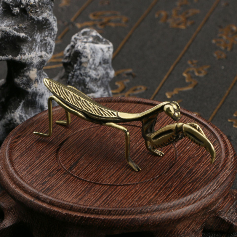 Sárgaréz imádkozó sáska tea-pet díszfigura - öntőminta, kínai stílus, állatfigura, márka Ancient Bronze