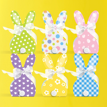 Velykų popierinė saldainių dėžutė su kiškių ausimis, 24 vnt. pakuotėje, OPP maišo įpakavimas