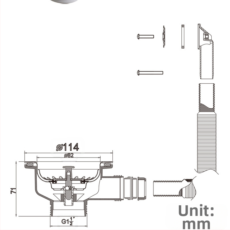 Дренаж за мивка, модел XK225C034, материал PP+304, спецификация 114, тегло 268 г, модерен минималистичен стил