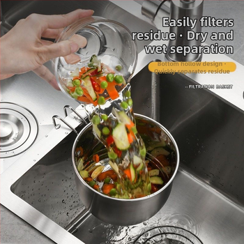 Virtuvės plautuvei – pakabinamas nusausinimo krepšelis daržovėms ir vaisiams, iš nerūdijančio plieno, su apvalia pakabinimo rankena, šiuolaikinis minimalistinis dizainas