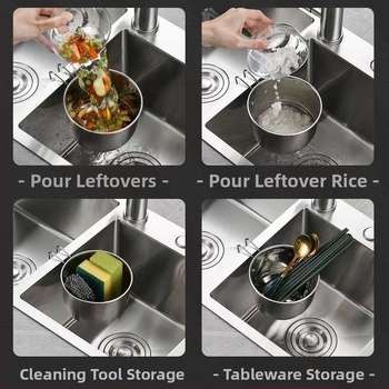 Virtuvės plautuvei – pakabinamas nusausinimo krepšelis daržovėms ir vaisiams, iš nerūdijančio plieno, su apvalia pakabinimo rankena, šiuolaikinis minimalistinis dizainas