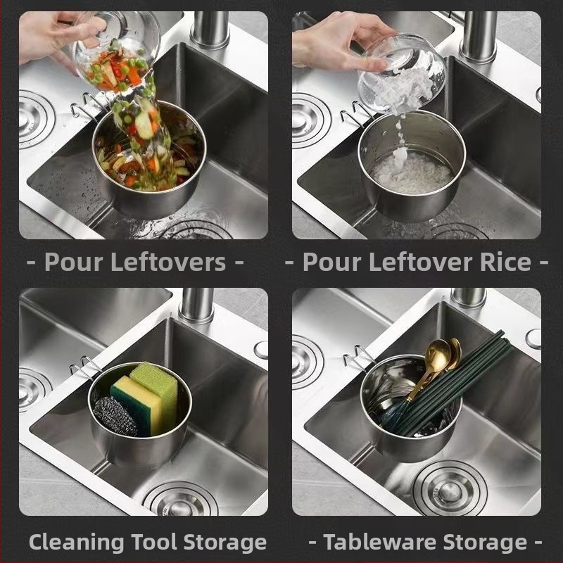 Висящ дренажен кош за кухненска мивка – неръждаема стомана, за зеленчуци и плодове, кръгла дръжка за закачване, модерен минималистичен дизайн