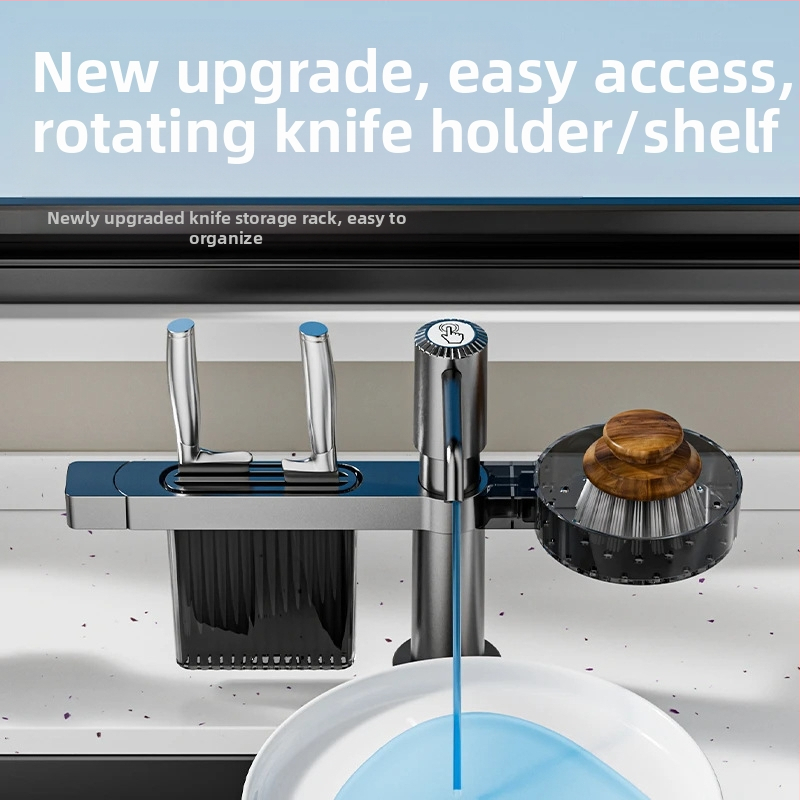 Smart organizator za kuhinjski sudoper sa dozatorom sapuna i držačem noževa — ABS, model DJZYEQ, 530 g