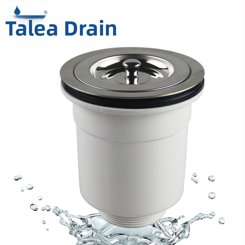 Кухненски дренаж XK265 — Cage тип; Материали: PP и SUS304; Двойнослойна конструкция от пластмаса и стомана; Ø110–114 мм