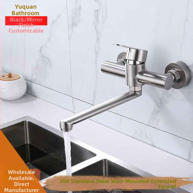 Sienos montuojamas virtuvės maišytuvas iš 304 nerūdijančio plieno su šlifavimo paviršiumi, ištemptas antgalis, modelis YQ1010F-W, keraminis vožtuvas, įvadas/išvadas G1/2, 1.0 MPa, 100°C