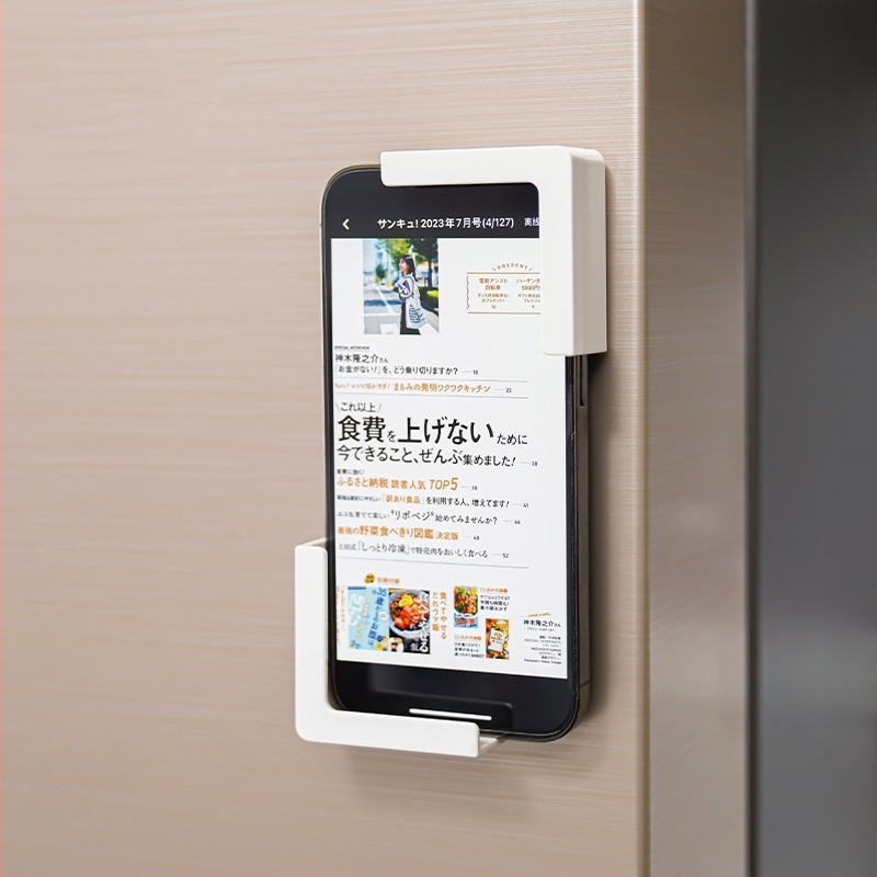 Magneetiline telefoni- ja tahvelarvuti hoidik seinale | Materjal: ABS + ketas | Kaasaegne minimalistlik stiil | Kasutuskohad: köök, laud, vannituba, elutuba