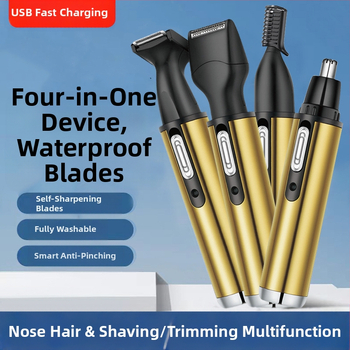 4-в-1 многофункционален тримър за носни косми и бръснач, неръждаема стомана, презареждаем модел, миеща се глава