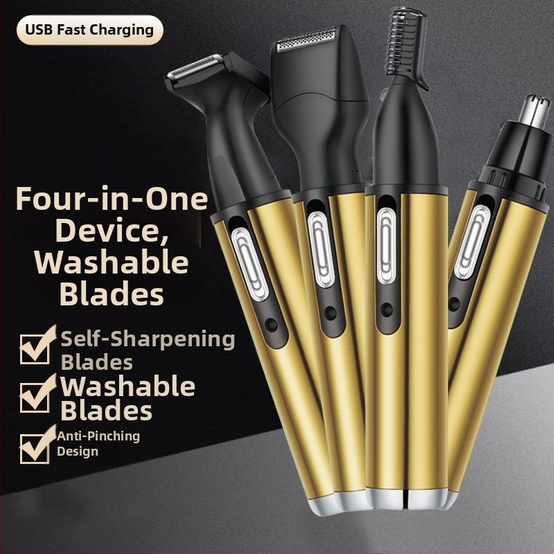 4-в-1 многофункционален тримър за носни косми и бръснач, неръждаема стомана, презареждаем модел, миеща се глава
