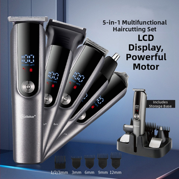 Мъжки мултифункционален електрически подстригвач за коса, бръснач и тример за носни косми (вградена батерия; зареждане; режеща глава от неръждаема стомана; сваляема миеща се глава за почистване; шум 36–45 dB)