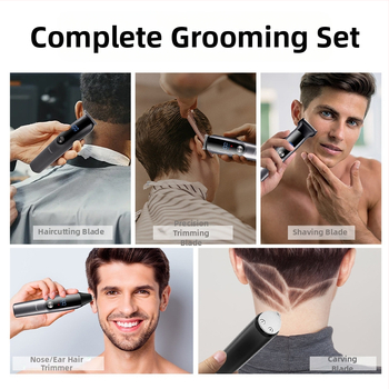 Мъжки мултифункционален електрически подстригвач за коса, бръснач и тример за носни косми (вградена батерия; зареждане; режеща глава от неръждаема стомана; сваляема миеща се глава за почистване; шум 36–45 dB)
