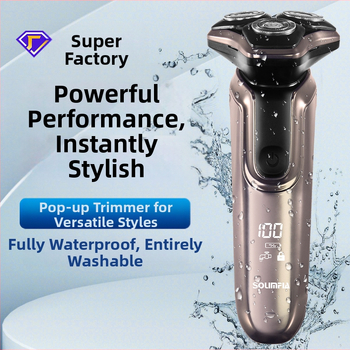 Aparat de ras electric cu afișaj LED, cap rotativ cu 3 lame, IPX7, încărcare USB, baterie încorporată de 500–800 mAh