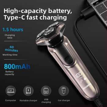 Електрическа самобръсначка с LED дисплей, въртяща се глава с 3 остриета, IPX7 водоустойчива, USB зареждане, вградена батерия 500–800 mAh